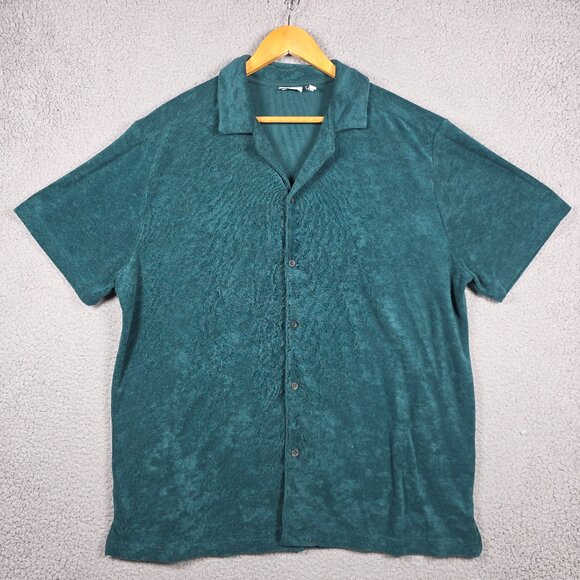 Asos Camp Shirt Mens Size XL Pine Green Open Collar Terry Cloth Boxy Relaxed SS - Picture 1 of 11
